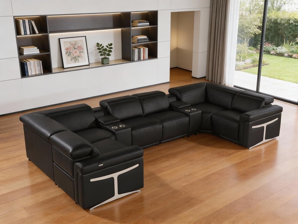 Black Italian Leather Power Reclining U Shaped Eight Piece Sectional With Console HomeRoots