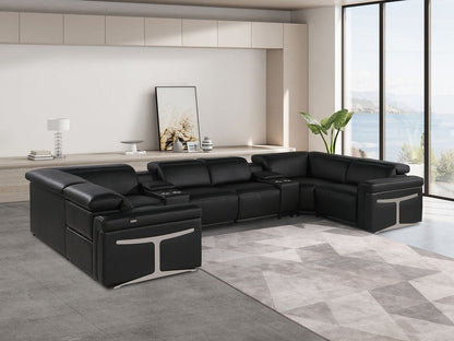 Black Italian Leather Power Reclining U Shaped Eight Piece Sectional With Console HomeRoots