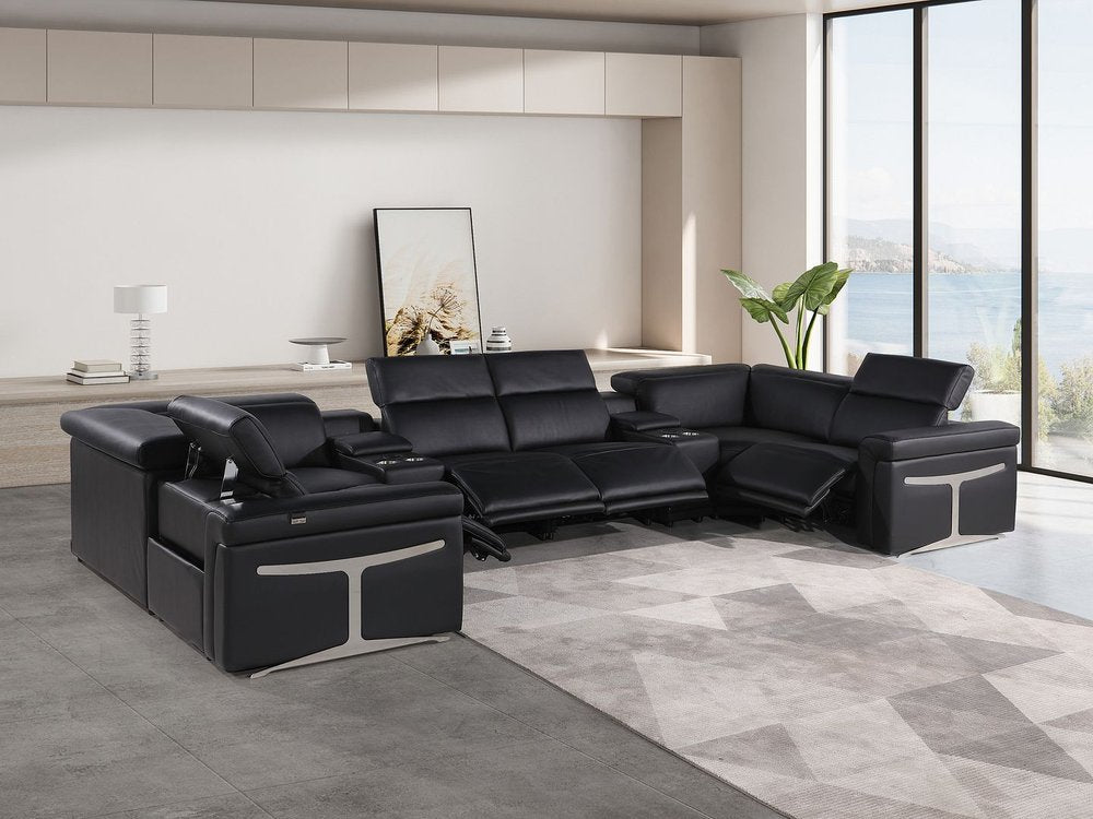 Black Italian Leather Power Reclining U Shaped Eight Piece Sectional With Console HomeRoots