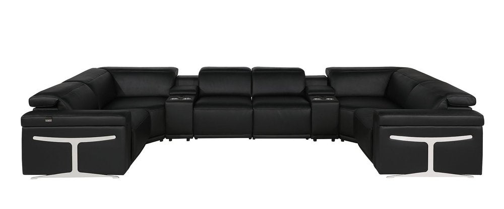 Black Italian Leather Power Reclining U Shaped Eight Piece Sectional With Console HomeRoots