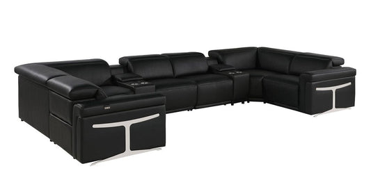 Black Italian Leather Power Reclining U Shaped Eight Piece Sectional With Console HomeRoots