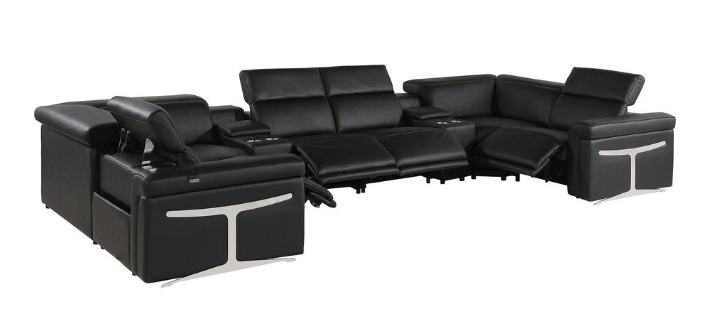 Black Italian Leather Power Reclining U Shaped Eight Piece Sectional With Console HomeRoots