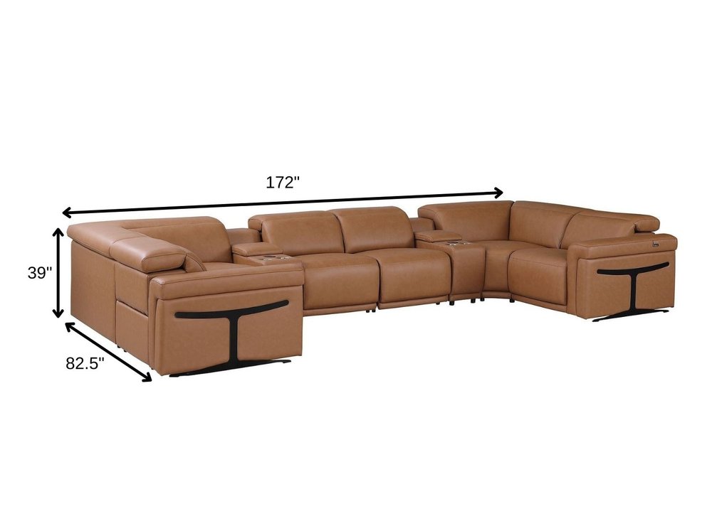 Chestnut Italian Leather Power Reclining U Shaped Eight Piece Sectional With Console HomeRoots