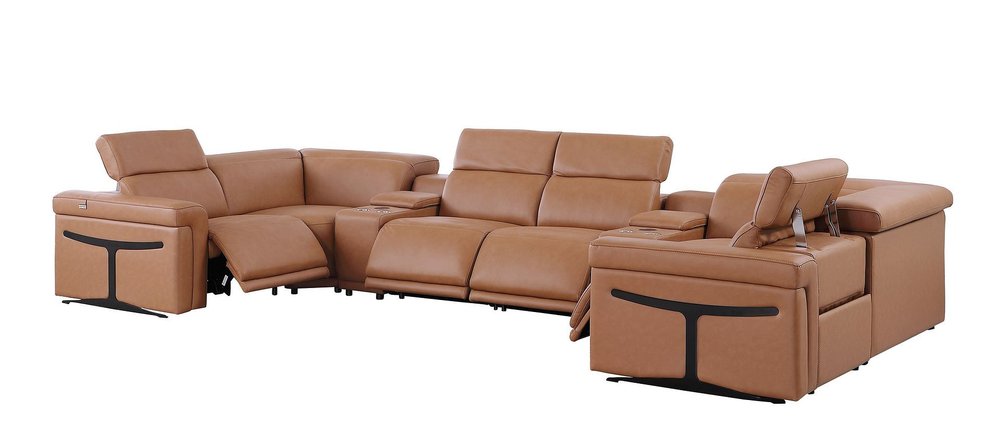 Chestnut Italian Leather Power Reclining U Shaped Eight Piece Sectional With Console HomeRoots