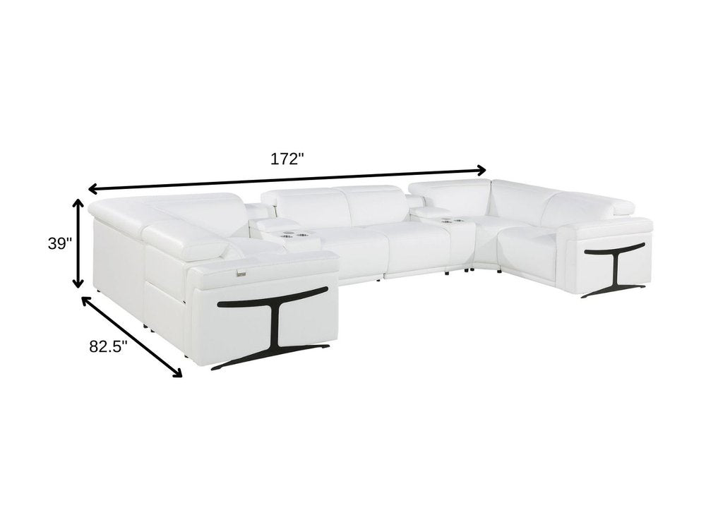 White Italian Leather Power Reclining U Shaped Eight Piece Corner Sectional With Console HomeRoots