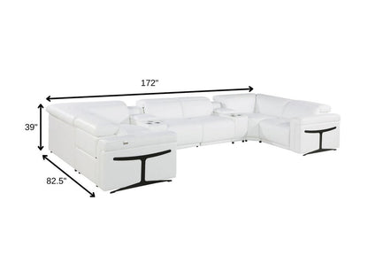 White Italian Leather Power Reclining U Shaped Eight Piece Corner Sectional With Console HomeRoots