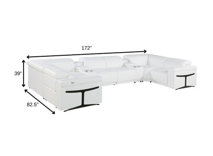 White Italian Leather Power Reclining U Shaped Eight Piece Corner Sectional With Console - FurniFindUSA