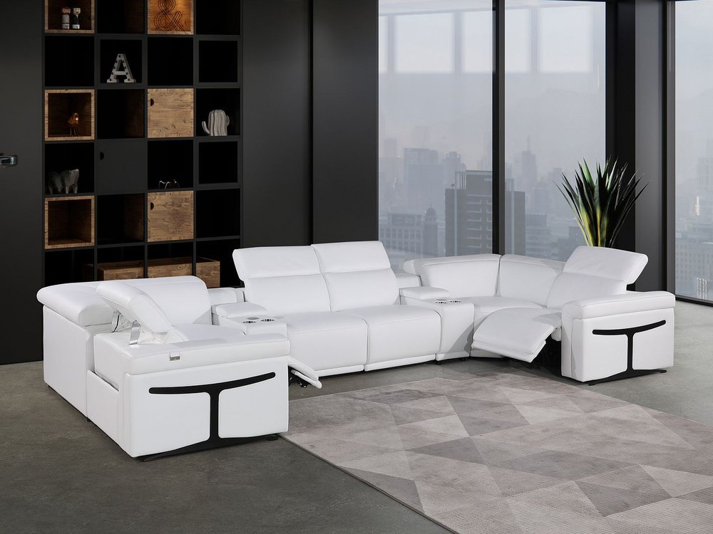 White Italian Leather Power Reclining U Shaped Eight Piece Corner Sectional With Console - FurniFindUSA