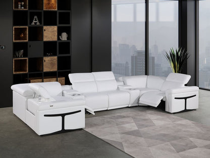 White Italian Leather Power Reclining U Shaped Eight Piece Corner Sectional With Console - FurniFindUSA