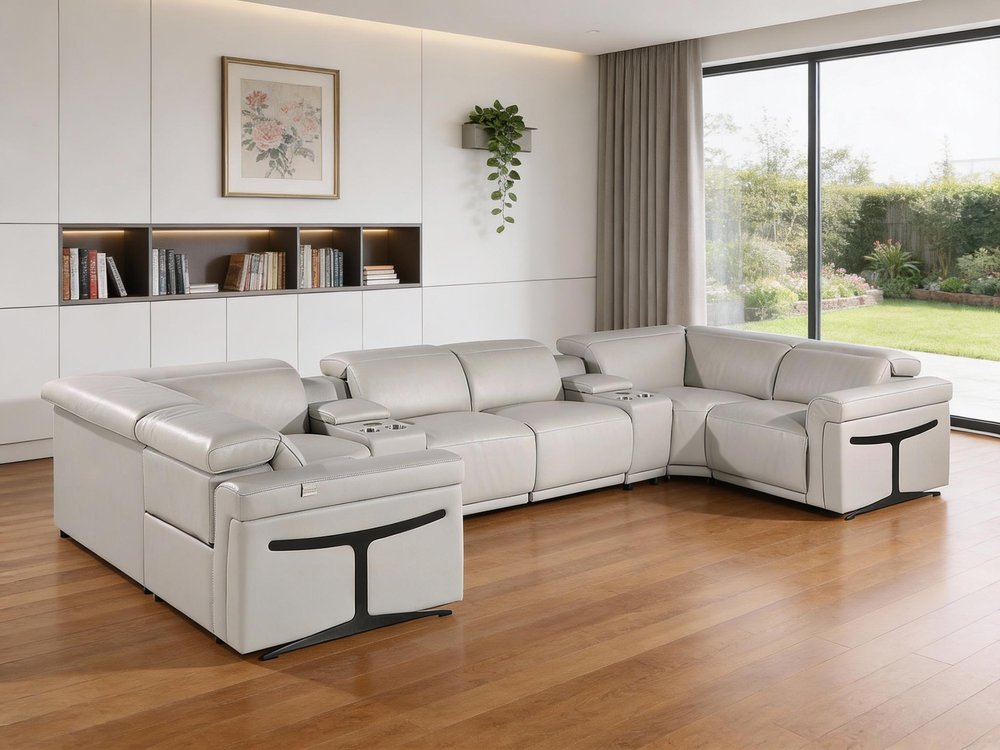Light Gray Italian Leather Power Reclining U Shaped Eight Piece Corner Sectional With Console HomeRoots
