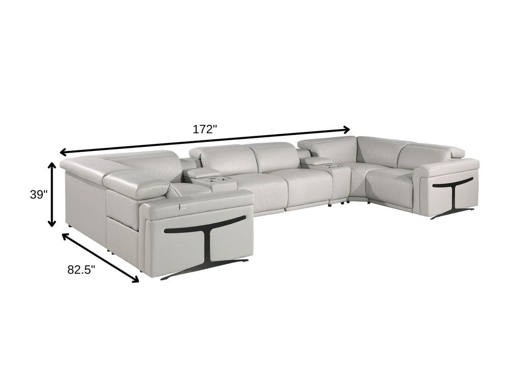 Light Gray Italian Leather Power Reclining U Shaped Eight Piece Corner Sectional With Console HomeRoots