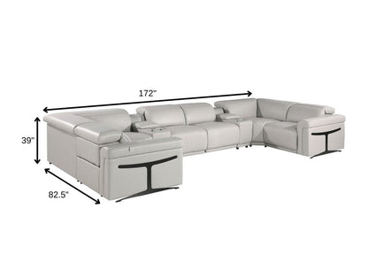 Light Gray Italian Leather Power Reclining U Shaped Eight Piece Corner Sectional With Console HomeRoots