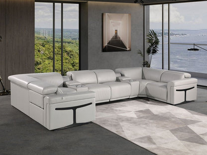 Light Gray Italian Leather Power Reclining U Shaped Eight Piece Corner Sectional With Console HomeRoots