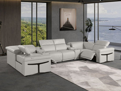 Light Gray Italian Leather Power Reclining U Shaped Eight Piece Corner Sectional With Console HomeRoots