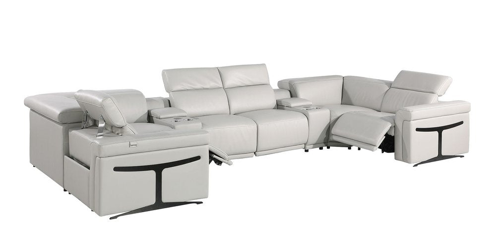 Light Gray Italian Leather Power Reclining U Shaped Eight Piece Corner Sectional With Console HomeRoots