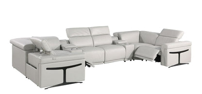 Light Gray Italian Leather Power Reclining U Shaped Eight Piece Corner Sectional With Console HomeRoots