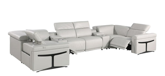 Light Gray Italian Leather Power Reclining U Shaped Eight Piece Corner Sectional With Console HomeRoots
