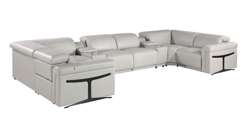 Light Gray Italian Leather Power Reclining U Shaped Eight Piece Corner Sectional With Console HomeRoots