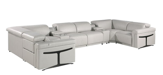 Light Gray Italian Leather Power Reclining U Shaped Eight Piece Corner Sectional With Console HomeRoots