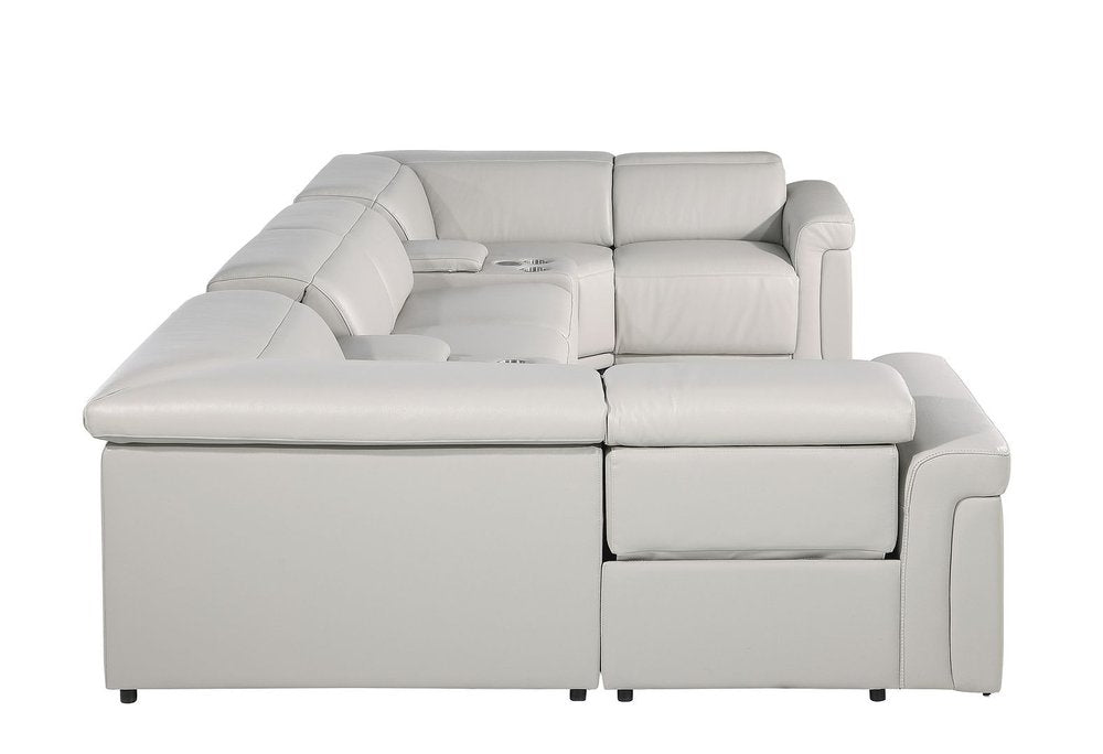 Light Gray Italian Leather Power Reclining U Shaped Eight Piece Corner Sectional With Console HomeRoots