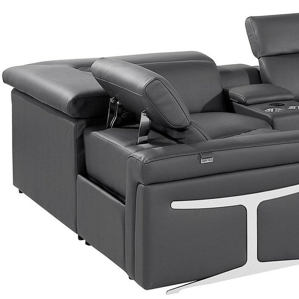 Dark Gray Italian Leather Power Reclining U Shaped Eight Piece Corner Sectional With Console HomeRoots