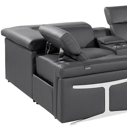 Dark Gray Italian Leather Power Reclining U Shaped Eight Piece Corner Sectional With Console - FurniFindUSA
