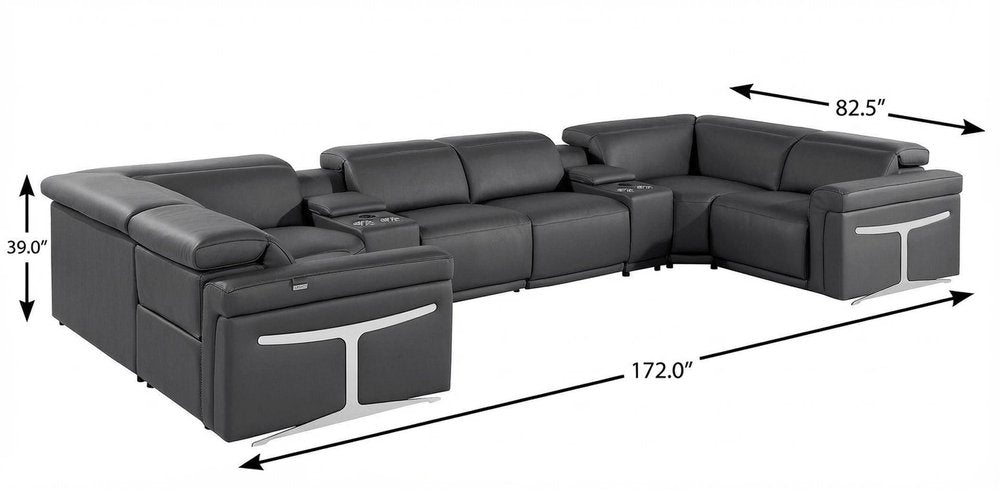 Dark Gray Italian Leather Power Reclining U Shaped Eight Piece Corner Sectional With Console HomeRoots