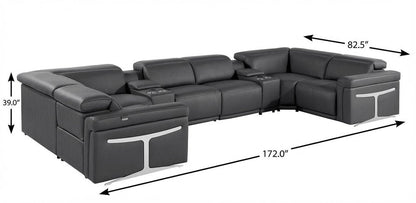 Dark Gray Italian Leather Power Reclining U Shaped Eight Piece Corner Sectional With Console HomeRoots