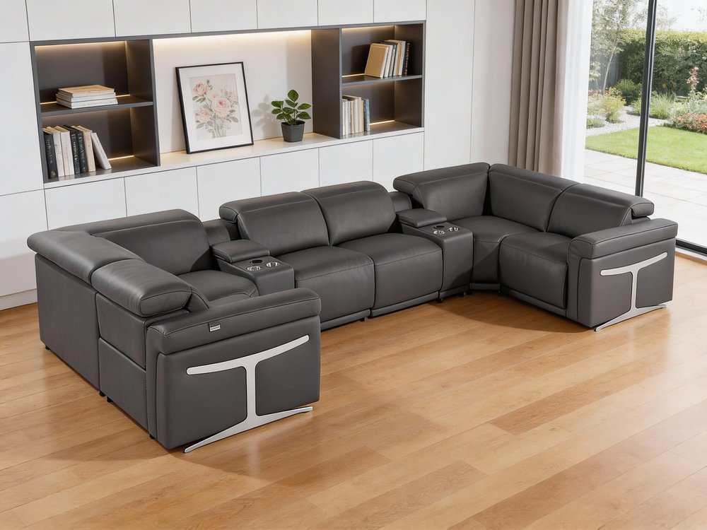Dark Gray Italian Leather Power Reclining U Shaped Eight Piece Corner Sectional With Console HomeRoots