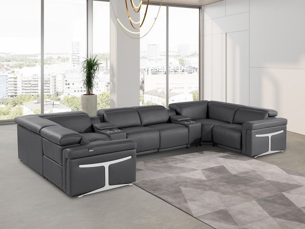 Dark Gray Italian Leather Power Reclining U Shaped Eight Piece Corner Sectional With Console - FurniFindUSA