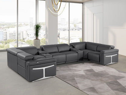 Dark Gray Italian Leather Power Reclining U Shaped Eight Piece Corner Sectional With Console - FurniFindUSA