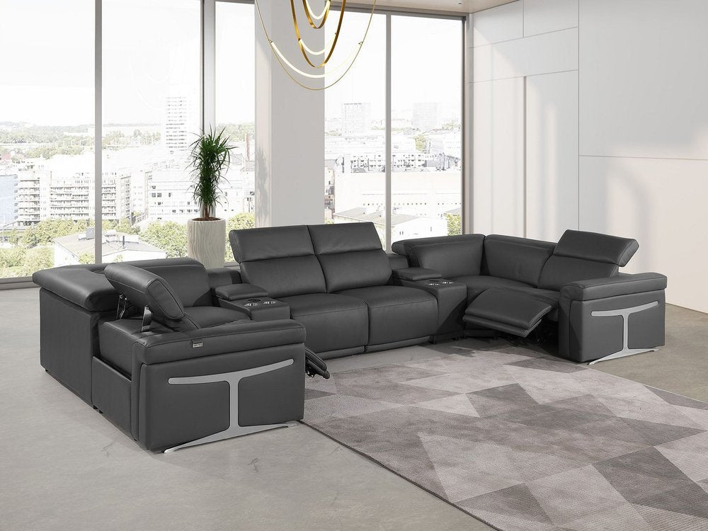 Dark Gray Italian Leather Power Reclining U Shaped Eight Piece Corner Sectional With Console - FurniFindUSA