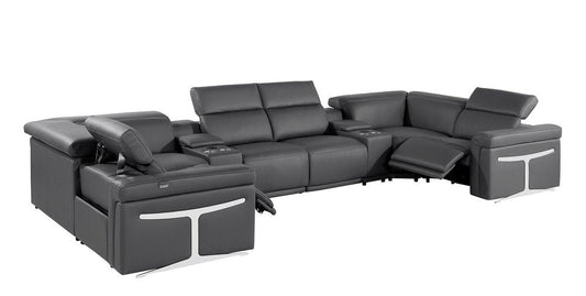 Dark Gray Italian Leather Power Reclining U Shaped Eight Piece Corner Sectional With Console HomeRoots