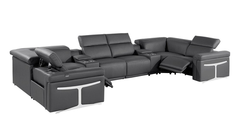 Dark Gray Italian Leather Power Reclining U Shaped Eight Piece Corner Sectional With Console HomeRoots