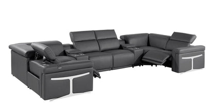 Dark Gray Italian Leather Power Reclining U Shaped Eight Piece Corner Sectional With Console HomeRoots