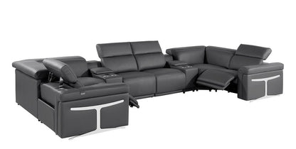 Dark Gray Italian Leather Power Reclining U Shaped Eight Piece Corner Sectional With Console - FurniFindUSA