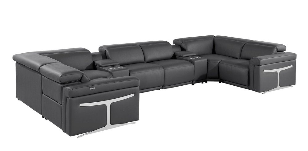 Dark Gray Italian Leather Power Reclining U Shaped Eight Piece Corner Sectional With Console HomeRoots