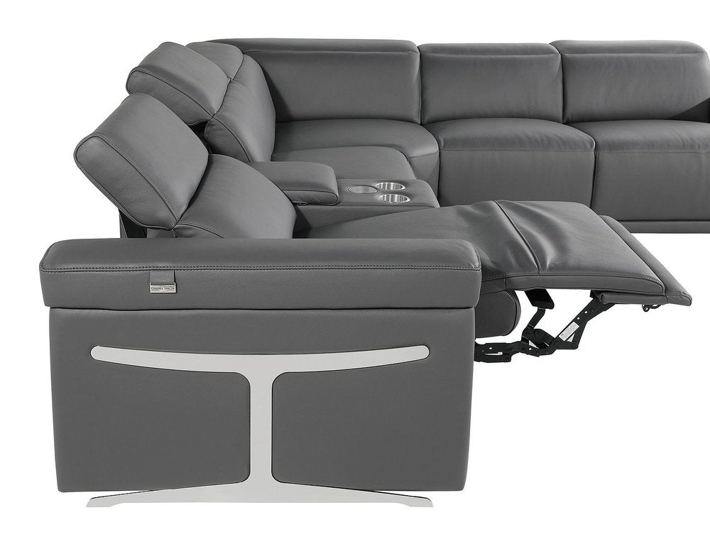 Dark Gray Italian Leather Power Reclining U Shaped Eight Piece Corner Sectional With Console HomeRoots