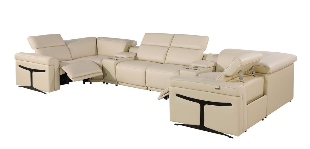Beige Italian Leather Power Reclining U Shaped Eight Piece Corner Sectional With Console HomeRoots