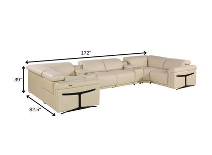 Beige Italian Leather Power Reclining U Shaped Eight Piece Corner Sectional With Console HomeRoots