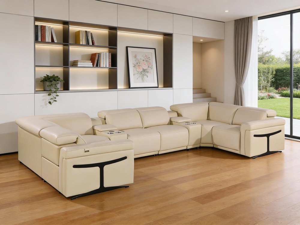 Beige Italian Leather Power Reclining U Shaped Eight Piece Corner Sectional With Console HomeRoots