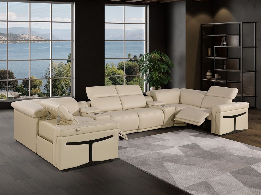 Beige Italian Leather Power Reclining U Shaped Eight Piece Corner Sectional With Console - FurniFindUSA