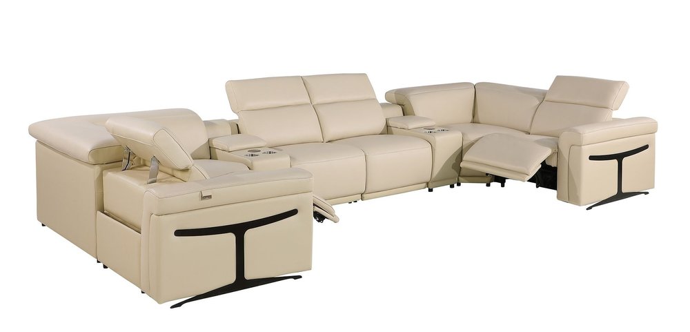 Beige Italian Leather Power Reclining U Shaped Eight Piece Corner Sectional With Console HomeRoots