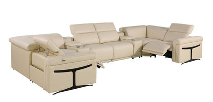Beige Italian Leather Power Reclining U Shaped Eight Piece Corner Sectional With Console HomeRoots
