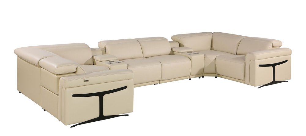 Beige Italian Leather Power Reclining U Shaped Eight Piece Corner Sectional With Console HomeRoots