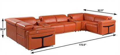 Camel Italian Leather Power Reclining U Shaped Eight Piece Corner Sectional With Console HomeRoots