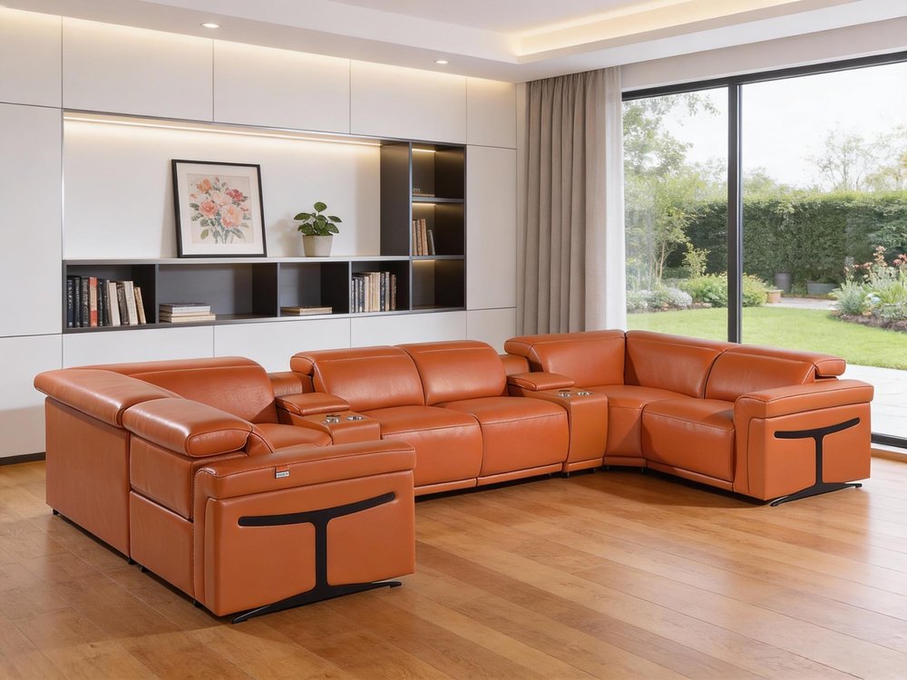 Camel Italian Leather Power Reclining U Shaped Eight Piece Corner Sectional With Console HomeRoots