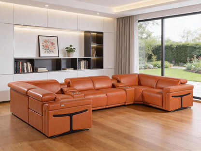 Camel Italian Leather Power Reclining U Shaped Eight Piece Corner Sectional With Console HomeRoots
