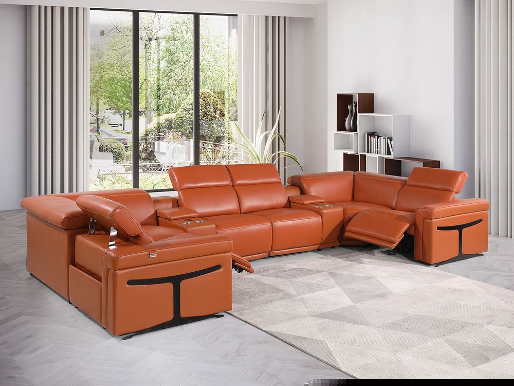 Camel Italian Leather Power Reclining U Shaped Eight Piece Corner Sectional With Console HomeRoots