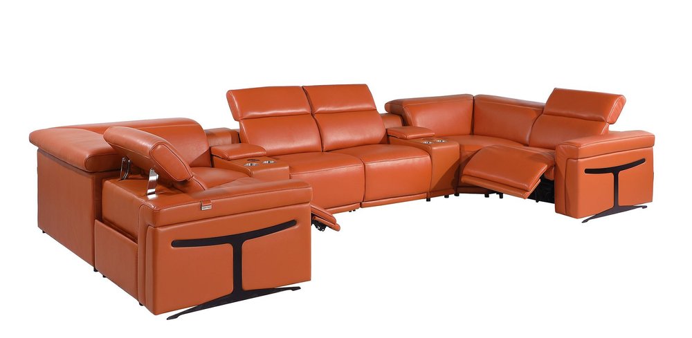 Camel Italian Leather Power Reclining U Shaped Eight Piece Corner Sectional With Console HomeRoots